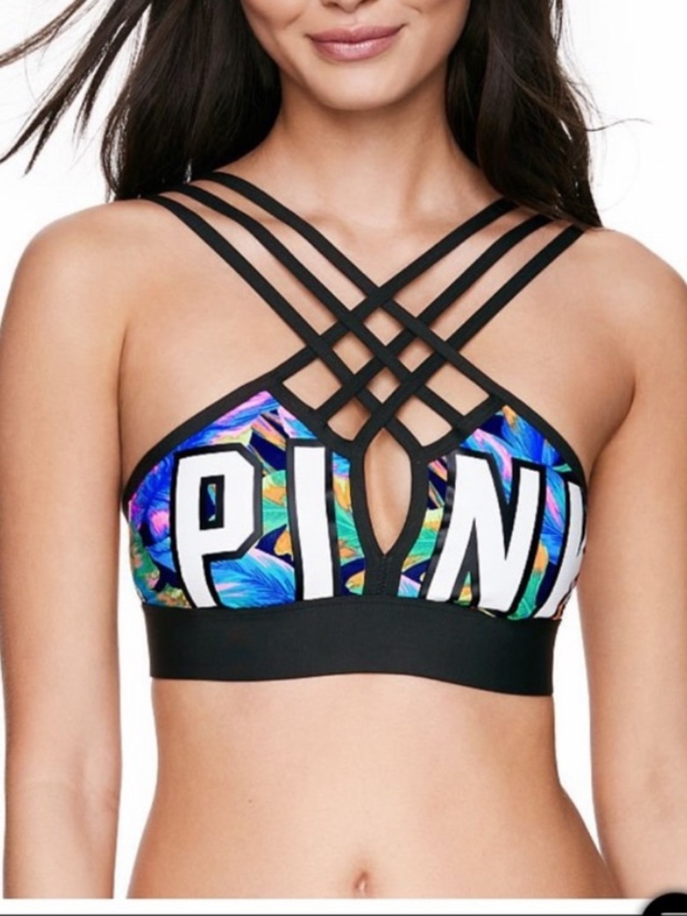 Victoria's Secret PINK Multicolor Neon Tropical Sports Bra with Black Trim